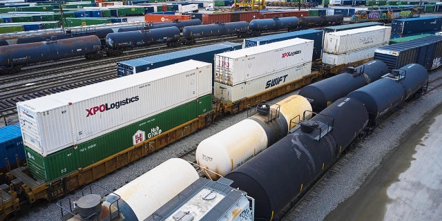 Shipping containers at a Union Pacific rail terminal in City of Industry, California, US, on Thursday, Dec. 1, 2022.