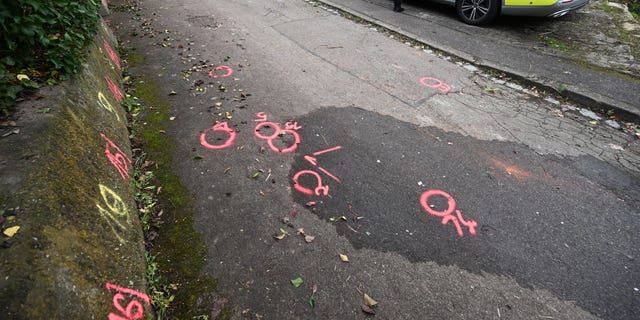 Police forensics markers are placed at a crime scene on a path where two girls were attacked on their way to school in Illerkirchberg, Germany. 