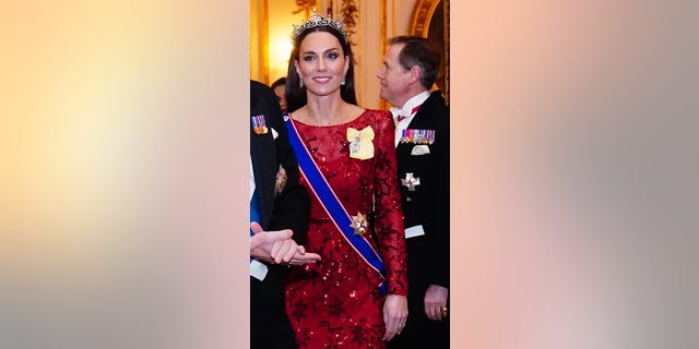 Kate Middleton wore a Jenny Packham gown.