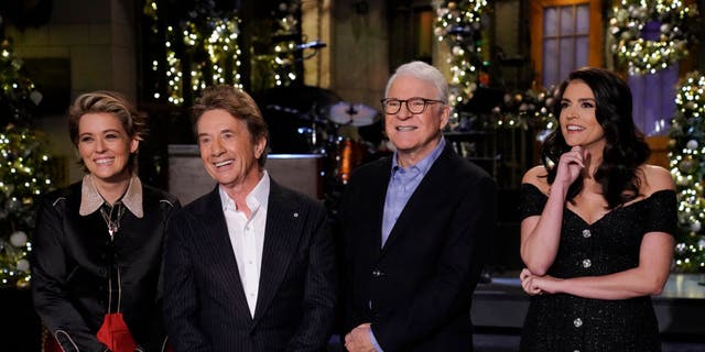 Pictured: (l-r) Musical guest Brandi Carlile, hosts Martin Short and Steve Martin, and Cecily Strong during Promos in Studio 8H on Thursday, Dec. 8, 2022.