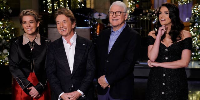 Pictured: (l-r) Musical guest Brandi Carlile, hosts Martin Short and Steve Martin, and Cecily Strong during Promos in Studio 8H on Thursday, Dec. 8, 2022.