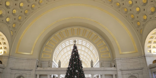 A Christmas tree is pictured at Union Station in Washington, D.C., the U.S. capital. Christmas is a U.S. federal holiday observed publicly on Dec. 26 this year.