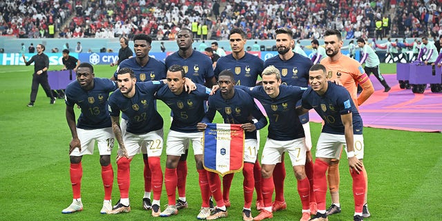 Players of France pose for a team photo before the FIFA World Cup Qatar 2022 semifinal match between France and Morocco at Al Bayt Stadium on December 14, 2022, in Al Khor, Qatar. 