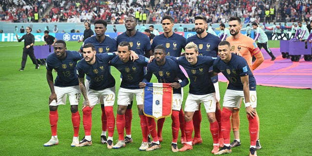 Players of France pose for a team photo before the FIFA World Cup Qatar 2022 semifinal match between France and Morocco at Al Bayt Stadium on December 14, 2022, in Al Khor, Qatar.