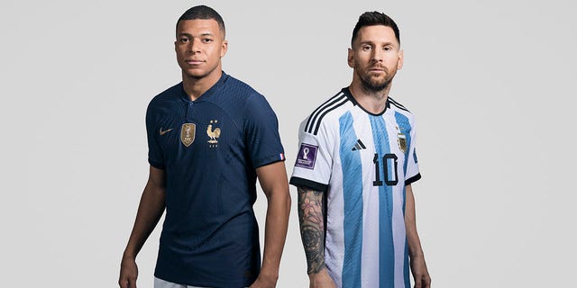 In this composite image, a comparison has been made between (L-R) Kylian Mbappe of France and Lionel Messi of Argentina, who are posing during the official FIFA World Cup 2022 portrait sessions. Argentina and France will meet in the final of the FIFA World Cup Qatar 2022. 