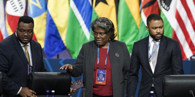 Linda Thomas-Greenfield, US ambassador to the United Nations (UN), center, participates in a US-Africa Summit working lunch in Washington, DC, US, on Thursday, Dec. 15, 2022. 