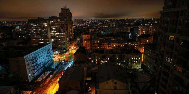 A view of dark streets as power cuts applied after energy infrastructure damaged by Russian attacks in Kyiv, Ukraine on Dec. 17, 2022.