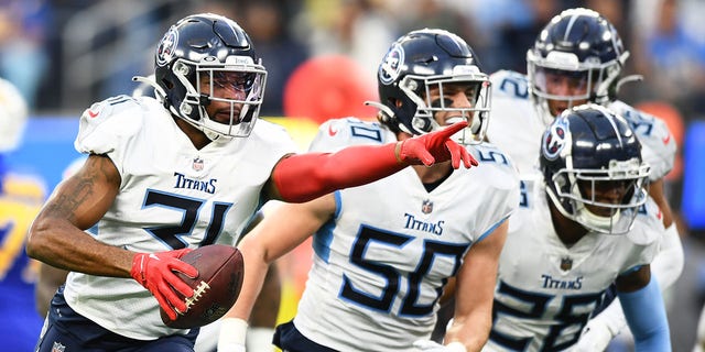 Tennessee Titans safety Kevin Byard (31) celebrates after an interception during the NFL regular season game between the Tennessee Titans and the Los Angeles Chargers on December 18, 2022, at SoFi Stadium in Inglewood, CA. 