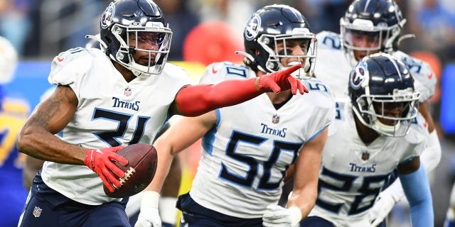 Tennessee Titans safety Kevin Byard (31) celebrates after an interception during the NFL regular season game between the Tennessee Titans and the Los Angeles Chargers on December 18, 2022, at SoFi Stadium in Inglewood, CA.