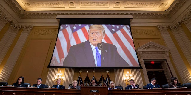 Former U.S. President Donald Trump is displayed on a screen during a meeting of the Select Committee to Investigate the January 6th Attack on the U.S. Capitol in the Canon House Office Building on Capitol Hill on Dec. 19, 2022, in Washington, DC.