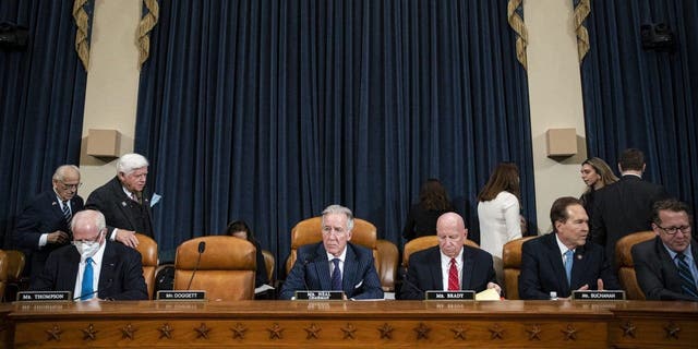 Rep. Richard Neal, chairman of the House Ways and Means Committee, center, and Rep. Kevin Brady, third from right, ranking member of the committee, during a business meeting in Washington, DC, on Tuesday.