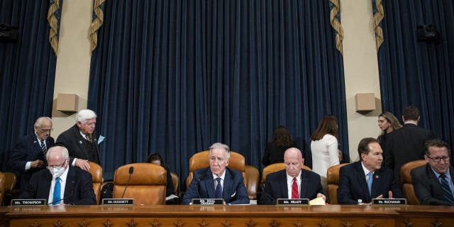 Rep. Richard Neal, chairman of the House Ways and Means Committee, center, and Rep. Kevin Brady, third from right, ranking member of the committee, during a business meeting in Washington, DC, on Tuesday.