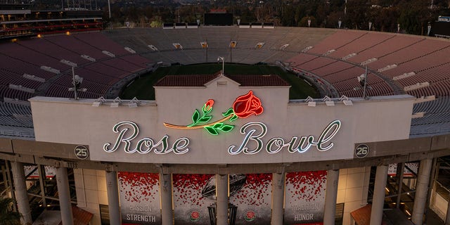 The 100-year-old Rose Bowl Stadium is seen in advance of the Rose Bowl Game on Dec. 20, 2022, in Pasadena, California.