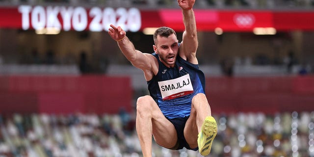Izmir Smajlaj of Team Albania competes in the men's long jump qualification on Day 8 of the Tokyo 2020 Olympic Games at Olympic Stadium in Tokyo on July 31, 2021. 