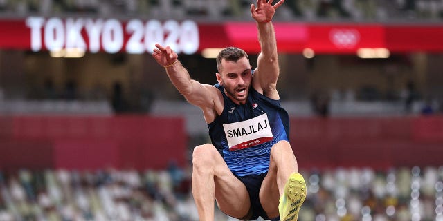 Izmir Smajlaj of Team Albania competes in the men's long jump qualification on Day 8 of the Tokyo 2020 Olympic Games at Olympic Stadium in Tokyo on July 31, 2021. 