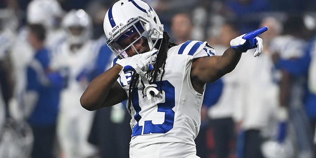 T.Y. Hilton #13 of the Indianapolis Colts reacts against the Arizona Cardinals during the second quarter at State Farm Stadium on December 25, 2021 in Glendale, Arizona. 