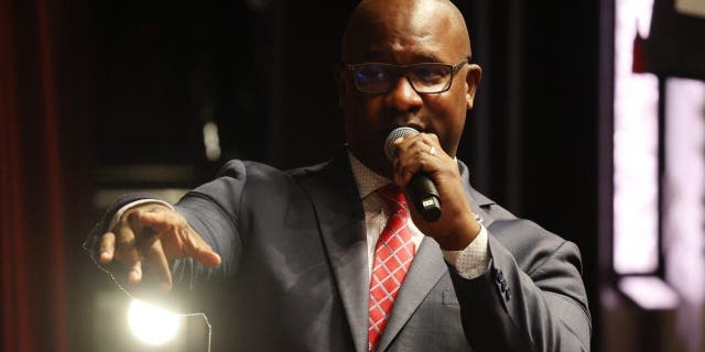 Rep. Jamaal Bowman speaks at the National Action Network’s annual national convention on April 7, 2022, in New York City.