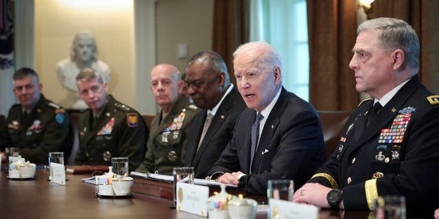 President Joe Biden meets with Secretary of Defense Lloyd Austin and members of the Joint Chiefs of Staff at the White House on April 20, 2022.
