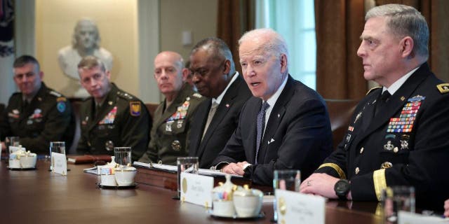 President Joe Biden meets with Secretary of Defense Lloyd Austin and members of the Joint Chiefs of Staff at the White House on April 20, 2022.