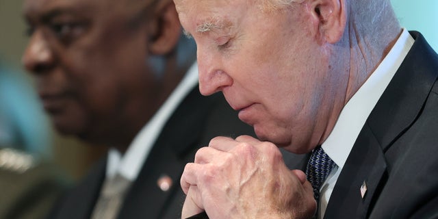 President Biden meets with Secretary of Defense Lloyd Austin, left, members of the Joint Chiefs of Staff, and combatant commanders in the Cabinet Room of the White House April 20, 2022, in Washington, DC