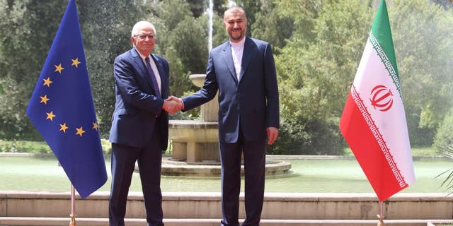 European Union High Representative for Foreign Affairs and Security Policy Josep Borrell, left, meets with Iranian Foreign Minister Hossein Amir Abdollahian, right, during his official visit on June 25, 2022 in Tehran, Iran. The European Union foreign policy chief met Iran’s Foreign Minister for talks aimed at reviving the stalled nuclear deal.
