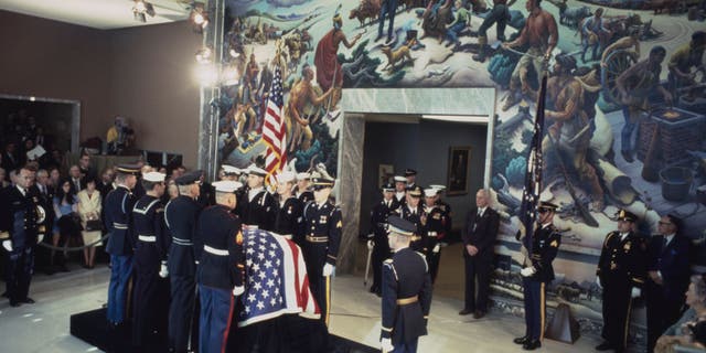 Funeral of Harry Truman as his casket lies in state at the Truman Library. 