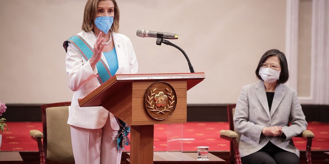 Then-Speaker of the U.S. House of Representatives Nancy Pelosi, D-Calif., with Taiwan's President Tsai Ing-wen at the president's office on August 03, 2022, in Taipei, Taiwan. 