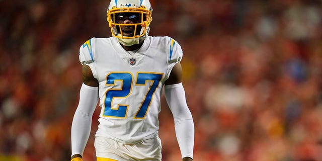 J.C. Jackson of the Los Angeles Chargers at Arrowhead Stadium on Sept. 15, 2022, in Kansas City, Missouri.