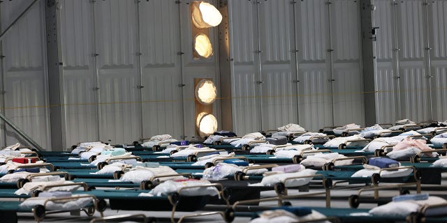 Beds are seen in the dormitory during a tour of the Randall's Island Humanitarian Emergency Response and Relief Center on Oct. 18, 2022, in New York City. 