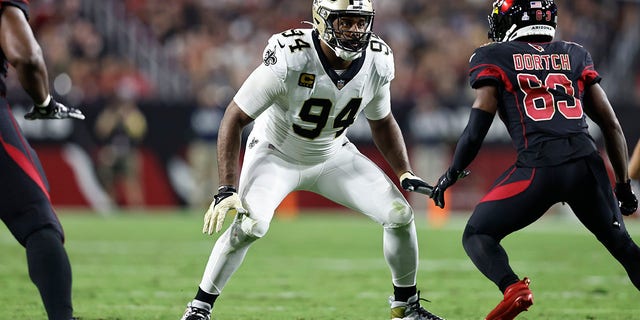 Cameron Jordan (94) of the New Orleans Saints defends during a game against the Arizona Cardinals at State Farm Stadium Oct. 20, 2022, in Glendale, Ariz. 