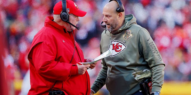 Chiefs head coach Andy Reid speaks with quarterbacks coach Matt Nagy during a Jacksonville Jaguars game at Arrowhead Stadium on November 13, 2022 in Kansas City, Missouri.