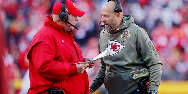 Chiefs head coach Andy Reid talks with quarterbacks coach Matt Nagy during the Jacksonville Jaguars game at Arrowhead Stadium on Nov. 13, 2022, in Kansas City, Missouri.