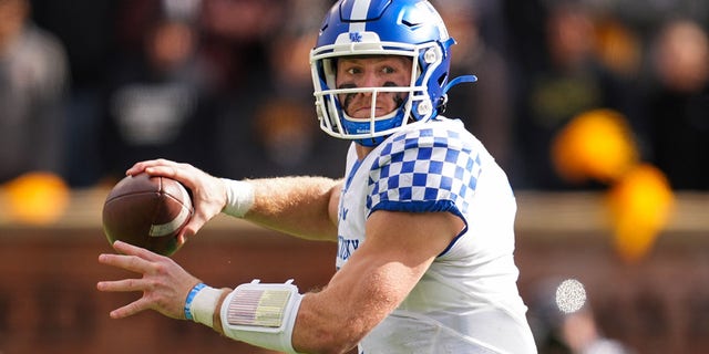 Will Levis of the Kentucky Wildcats looks to pass against the Missouri Tigers on November 5, 2022 in Columbia.