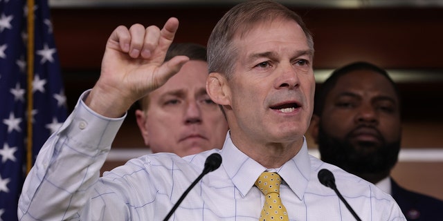 Flanked by House Republicans, U.S. Rep. Jim Jordan, R-Ohio, at the U.S. Capitol on Nov. 17, 2022, in Washington, D.C. 
