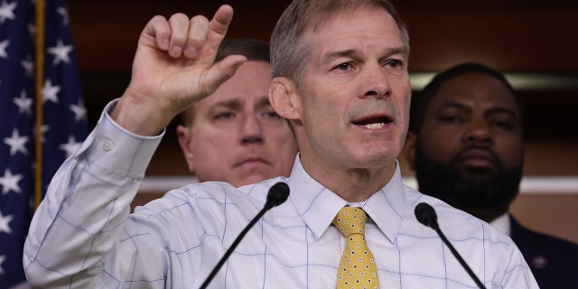 WASHINGTON, DC - NOVEMBER 17: Flanked by House Republicans, U.S. Rep. Jim Jordan, R-Ohio, at the U.S. Capitol on November 17, 2022, in Washington, DC.