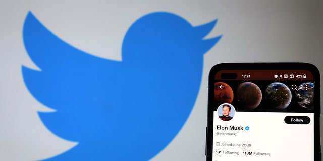 The Twitter account of Elon Musk is displayed on a smartphone with a Twitter logo in the background on November 21, 2022.