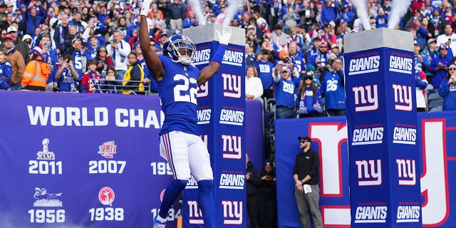 Adoree' Jackson of the New York Giants runs onto the field during introductions against the Houston Texans at MetLife Stadium on Nov. 13, 2022, in East Rutherford, New Jersey.