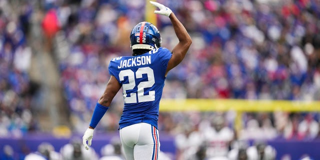 Adoree' Jackson of the New York Giants celebrates against the Houston Texans at MetLife Stadium on Nov. 13, 2022, in East Rutherford, New Jersey.