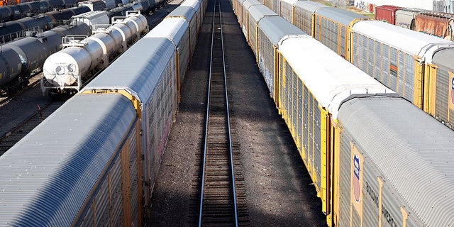 Freight rail cars sit in a rail yard on November 22, 2022 in Wilmington, California.