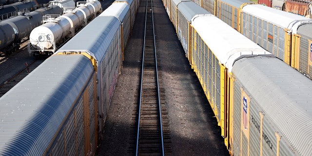 Freight rail cars sit in a rail yard on November 22, 2022 in Wilmington, California.