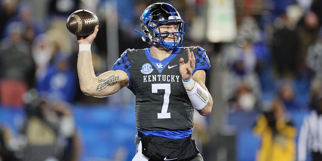 Will Levis of the Wildcats passes against the Georgia Bulldogs at Kroger Field on November 19, 2022 in Lexington, Kentucky.