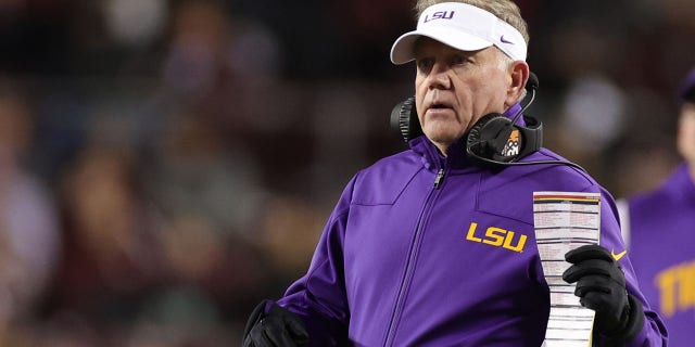 Head coach Brian Kelly of the LSU Tigers during the second half against the Texas A and M Aggies at Kyle Field Nov. 26, 2022, in College Station, Texas. 