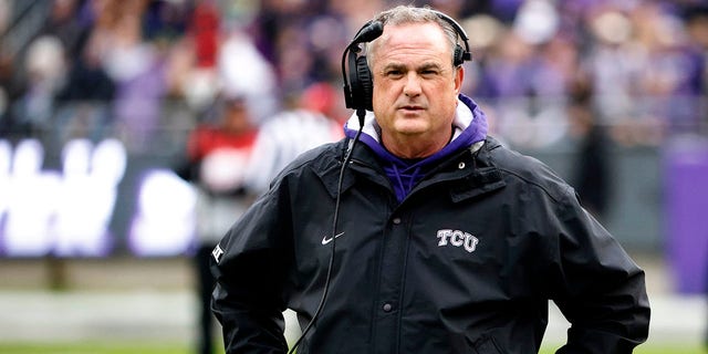 Head coach Sonny Dykes of the TCU Horned Frogs looks on as TCU takes on the Iowa State Cyclones during the first half at Amon G. Carter Stadium Nov. 26, 2022, in Fort Worth, Texas. 