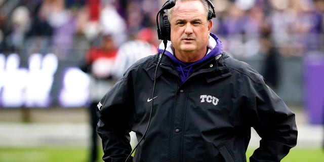 Head coach Sonny Dykes of the TCU Horned Frogs looks on as TCU takes on the Iowa State Cyclones during the first half at Amon G. Carter Stadium Nov. 26, 2022, in Fort Worth, Texas. 