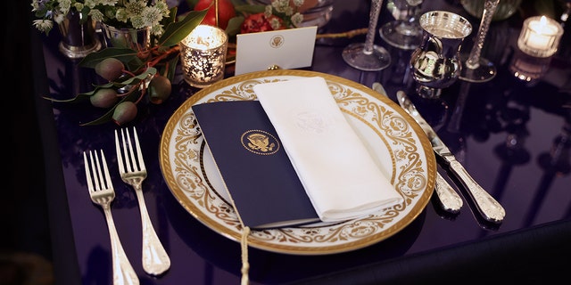 A place setting during a media preview for the upcoming state dinner for French President Macron at the White House Nov. 30, 2022, in Washington, D.C. 