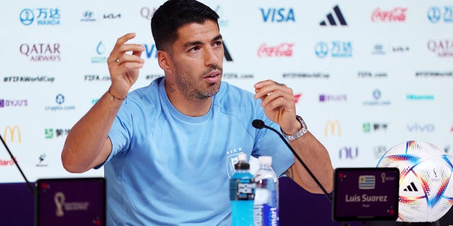 Luis Suarez of Uruguay reacts during the Uruguay Press Conference at the Main Media Center on December 1, 2022, in Doha, Qatar.