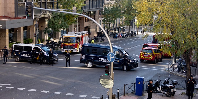 General view of a police device in the vicinity of the US Embassy in Madrid where a parcel bomb has been received, December 1, 2022, in Madrid, Spain. 