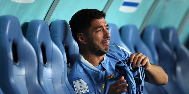 Luis Suarez of Uruguay looks dejected after his team's elimination from the tournament during the FIFA World Cup Qatar 2022 Group H match between Ghana and Uruguay at Al Janoub Stadium in Al Wakrah, Qatar, on Friday.