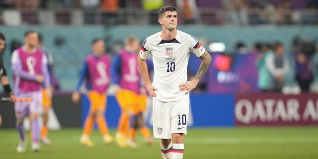 Christian Pulisic #10 of the United States reacts at the final whistle after a FIFA World Cup Qatar 2022 Round of 16 match between Netherlands and USMNT at Khalifa International Stadium on December 3, 2022 in Al Rayyan, Qatar. 