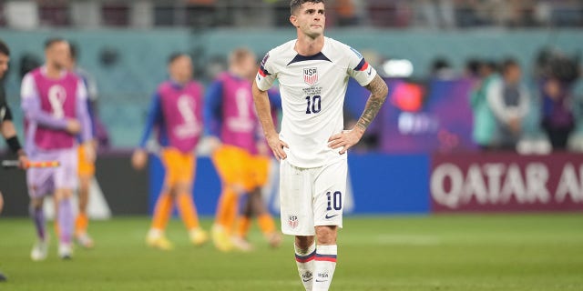 Christian Pulisic #10 of the United States reacts at the final whistle after a FIFA World Cup Qatar 2022 Round of 16 match between Netherlands and USMNT at Khalifa International Stadium on December 3, 2022 in Al Rayyan, Qatar.